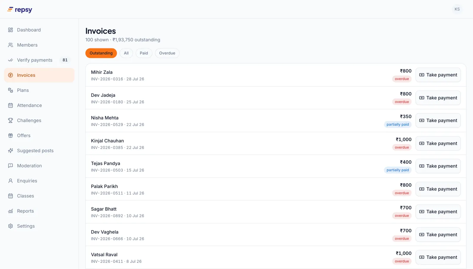 Invoices filtered to outstanding, showing overdue and partially paid invoices with a take payment button on each