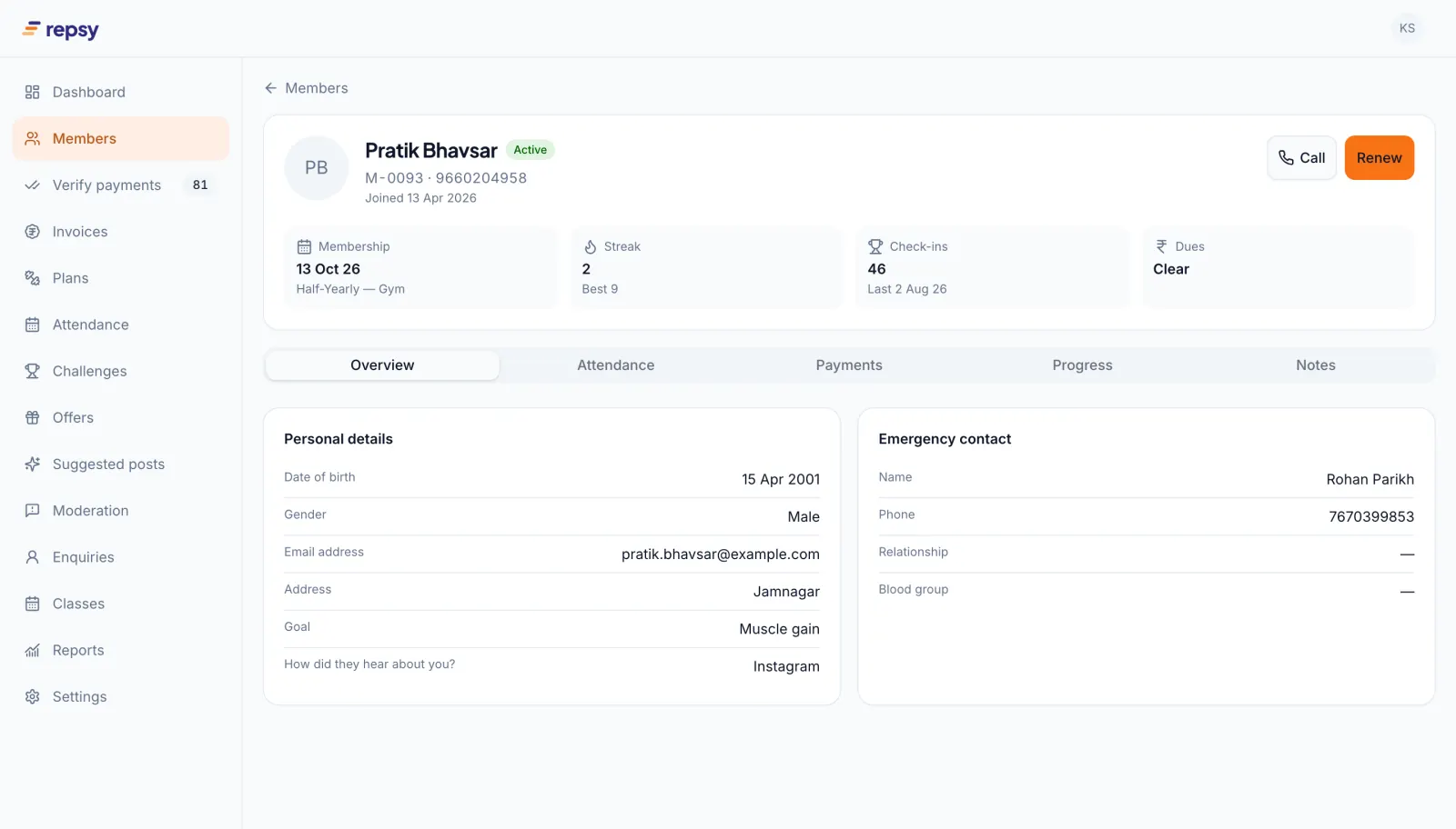 Member profile showing membership expiry, check-in streak, total check-ins and dues, with tabs for attendance, payments, progress and notes