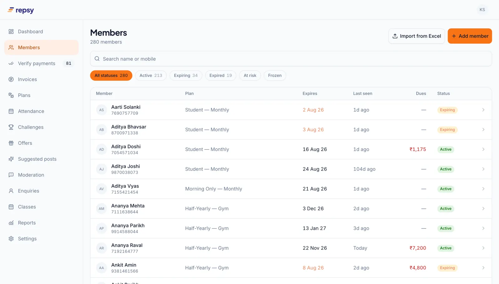 Gym member management list with search, filters for active, expiring, expired, at-risk and frozen members, and each member's plan, expiry, last visit and dues