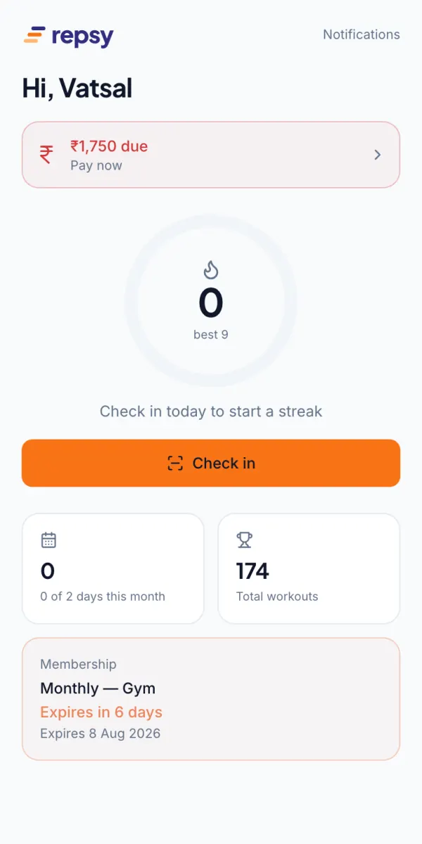 Member app home screen with a dues reminder, check-in streak, check-in button and membership expiry