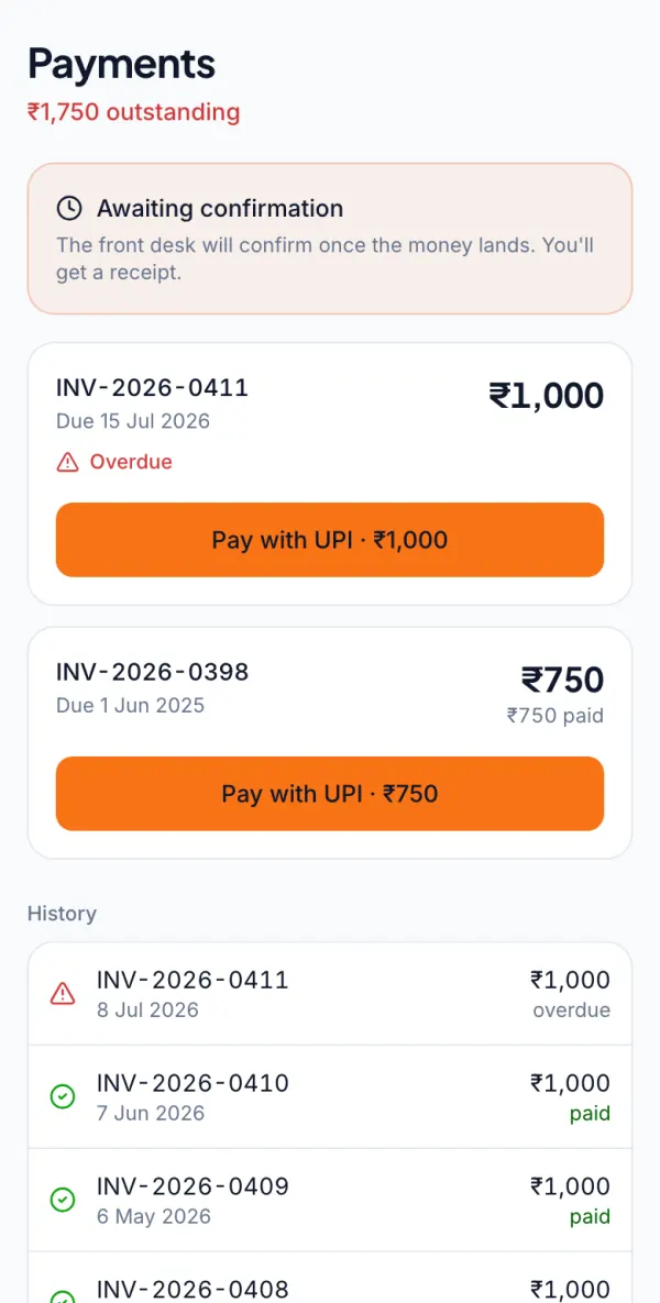 Member app payments screen with pay with UPI buttons and invoice history