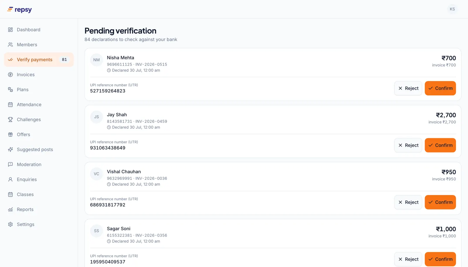 Verify payments queue listing members' UPI payment declarations with UTR reference numbers and confirm or reject buttons